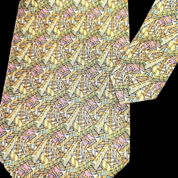 Marja Kurki Silk Tie Geometric Pattern Violet Aqua Tan Lime Green 4" W Vintage - Picture 4 of 5